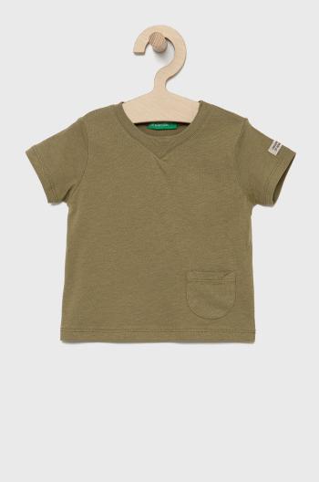 Detské bavlnené tričko United Colors of Benetton zelená farba, jednofarebné