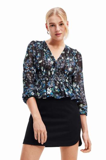 Blúzka Desigual 23WWBW06 WOMAN WOVEN BLOUSE LONG SLEEVE dámska, tmavomodrá farba, kvetované