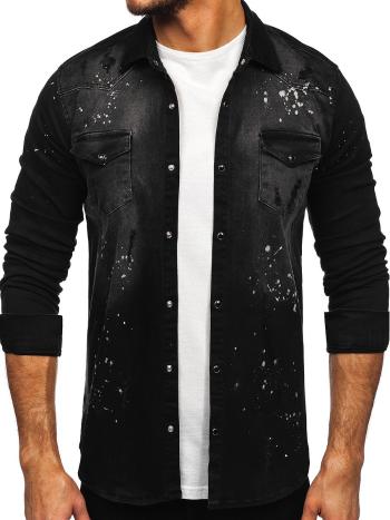 Čierna pánska riflová košeľa s dlhými rukávmi Bolf R804