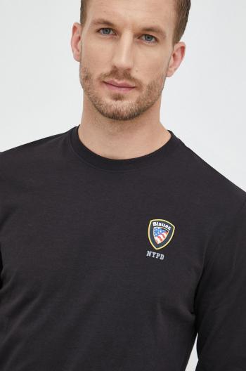 Bavlnené tričko s dlhým rukávom Blauer čierna farba, s potlačou