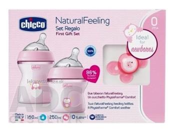 CHICCO Set darčekový Natural Feeling + Air cumlík dojčenská fľaša, dievča (1ks150ml,1ks 250ml) + cumlík (0-6m) 1x1 set