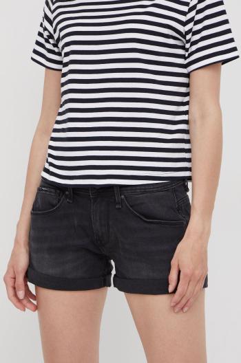 Rifľové krátke nohavice Pepe Jeans Siouxie dámske, čierna farba, jednofarebné, stredne vysoký pás