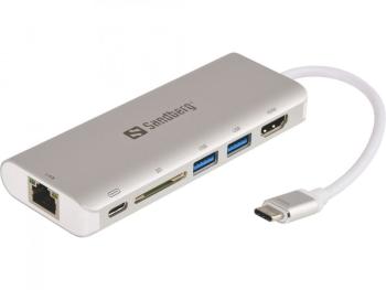 Sandberg USB-C dokovací stanice, HDMI+SD+USB+RJ45+USB-C(100W), stříbrný