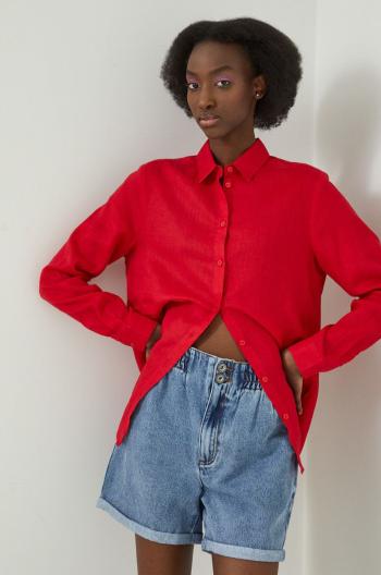 Ľanová košeľa Medicine dámska, červená farba, regular, s klasickým golierom