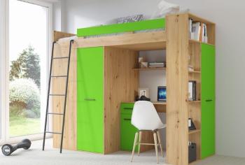 WIP Vyvýšená posteľ VERANA P/L Farba: dub artisan + zelená