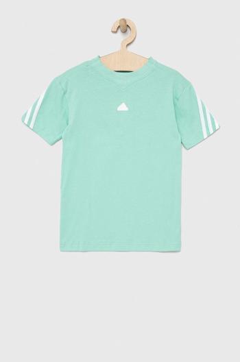 Detské bavlnené tričko adidas U FI 3S tyrkysová farba, vzorované