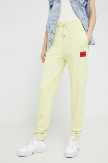 Nohavice HUGO dámske, žltá farba, jednofarebné