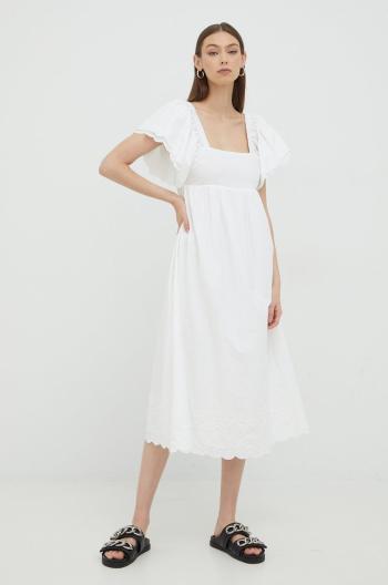 Bavlnené šaty Notes du Nord biela farba, midi, áčkový strih