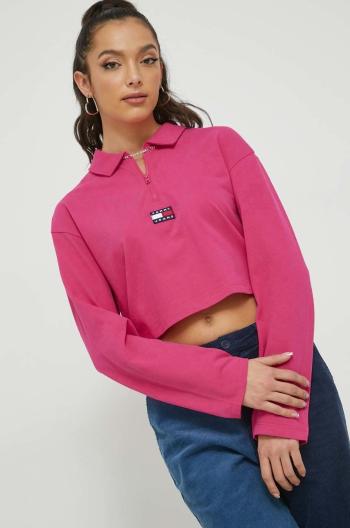 Bavlnené tričko s dlhým rukávom Tommy Jeans ružová farba, s golierom