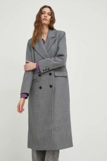 vlnený kabát Answear Lab , šedá farba, prechodný, dvojradový