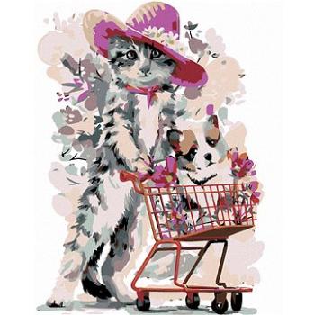 Maľovanie podľa čísel – Mačiatko a šteňa v nákupnom košíku (HRAmal00183nad)