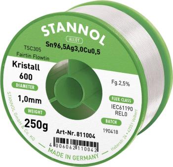 Stannol Kristall 600 Fairtin spájkovací cín bez olova bez olova Sn96,5Ag3Cu0,5 250 g 1 mm