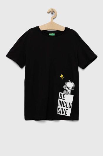 Detské bavlnené tričko United Colors of Benetton x Peanuts čierna farba, s potlačou