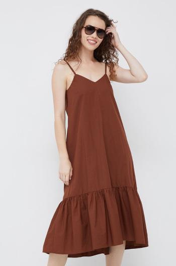 Bavlnené šaty Sisley hnedá farba, midi, áčkový strih