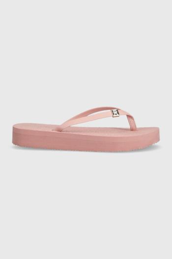 Žabky Tommy Hilfiger TH MONOGRAM FLAT SANDAL dámske, ružová farba, na platforme, FW0FW06964