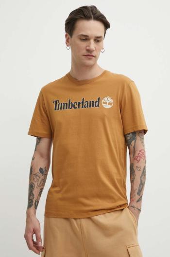 Bavlnené tričko Timberland pánske, hnedá farba, s potlačou, TB0A5UPQP471