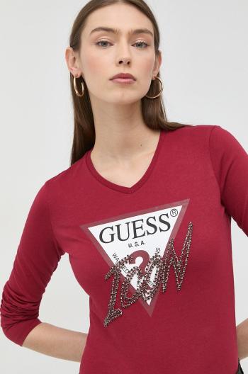 Bavlnené tričko s dlhým rukávom Guess dámska, bordová farba,