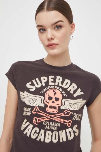 Bavlnené tričko Superdry dámske, hnedá farba