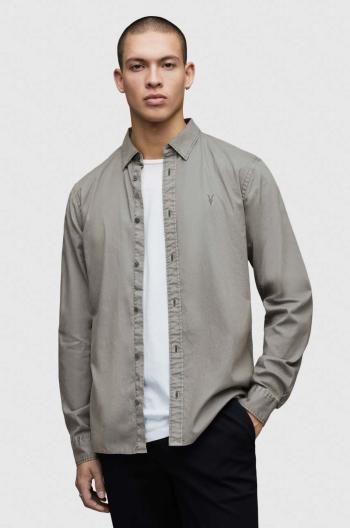 Košeľa AllSaints pánska, šedá farba, slim, s klasickým golierom