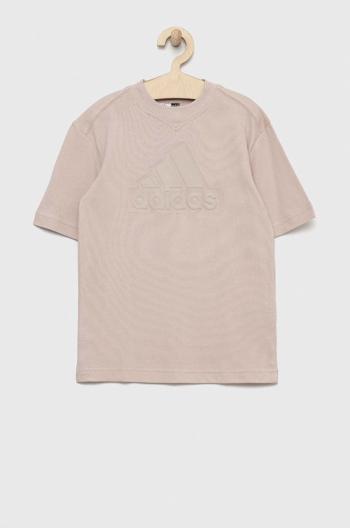 Detské bavlnené tričko adidas U FI béžová farba, s nášivkou