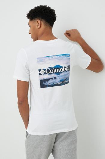 Bavlnené tričko Columbia biela farba, s potlačou