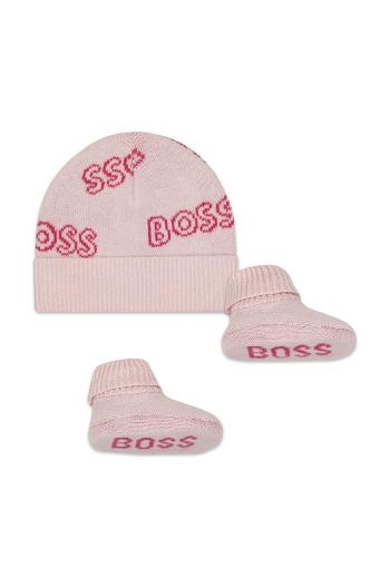 Detská bavlnená čiapka BOSS ružová farba biela, z tenkej pleteniny, bavlnená