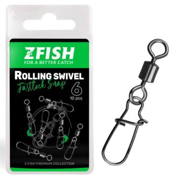 Zfish obratlík s karabínou rolling swivel & fastlock snap 10 ks - veľkosť 6 nosnosť 27 kg