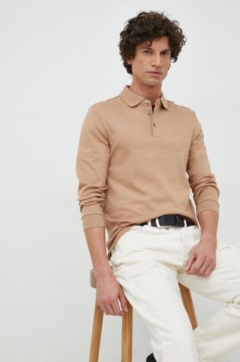 Bavlnené tričko s dlhým rukávom BOSS béžová farba, jednofarebné