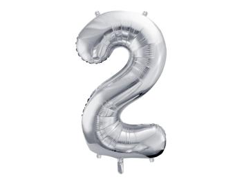 PartyDeco Fóliový balón narodeninové číslo 2 strieborný 86cm