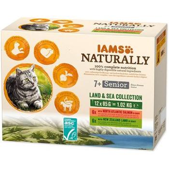 IAMS Naturally pre mačacích seniorov s jahňacím a lososovým mäsom v omáčke 12 × 85 g (8710255167190)