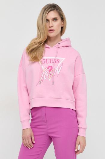 Mikina Guess dámska, ružová farba, s kapucňou, s nášivkou
