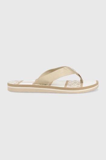 Žabky Tommy Hilfiger TH MONOGRAM ESSENTIAL SANDAL dámske, béžová farba, na plochom podpätku, FW0FW07162