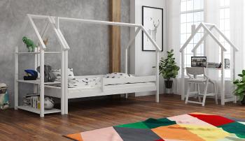 Detská Domčekové posteľ Frank - biela  House bed - White 160x80 cm posteľ domček + výsuvná prístelok s matracom