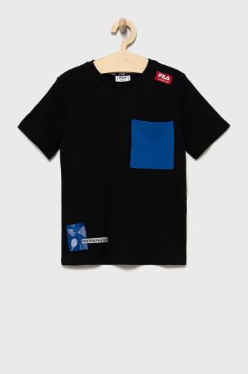 Detské bavlnené tričko Fila čierna farba, vzorovaný