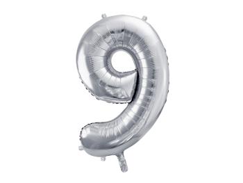 PartyDeco Fóliový balón narodeninové číslo 9 strieborný 86cm