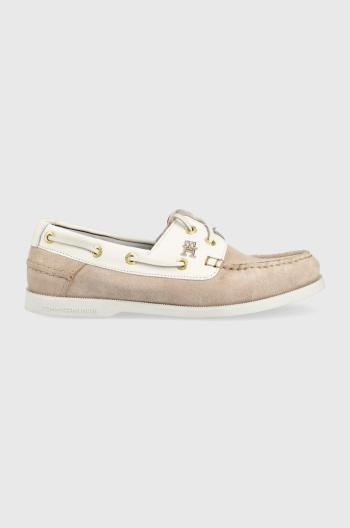 Semišové mokasíny Tommy Hilfiger TH BOAT SHOE dámske, béžová farba, na plochom podpätku, FW0FW07066