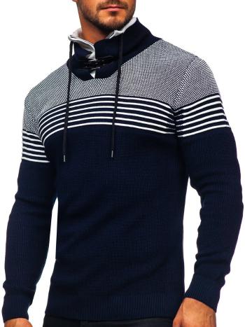 Tmavomodrý hrubý pánsky sveter so stojačikovým golierom Bolf 1039