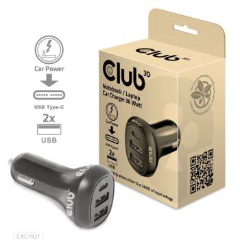 Club3D Auto nabíjačka pre Notebooky 36W, 3 porty (2xUSB-A + USB-C)