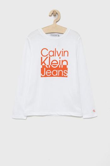 Detská bavlnená košeľa s dlhým rukávom Calvin Klein Jeans biela farba, s potlačou
