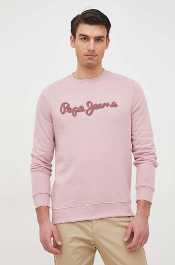 Bavlnená mikina Pepe Jeans Ryan Crew pánska, ružová farba, s nášivkou