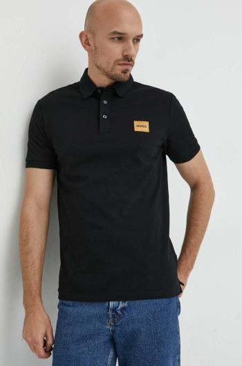 Bavlnené polo tričko HUGO čierna farba, jednofarebné