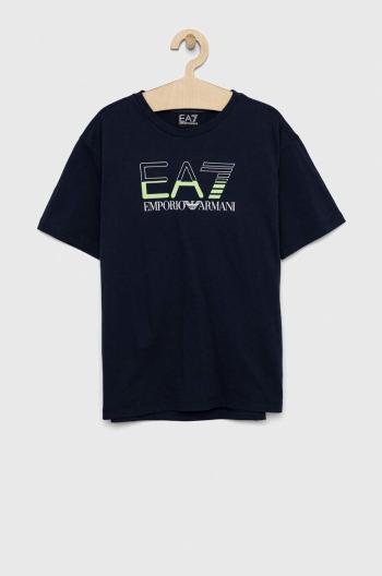 Detské bavlnené tričko EA7 Emporio Armani tmavomodrá farba, s potlačou