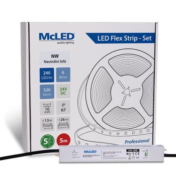 McLED LED páska - sada 5 m, 240 LED/m, NW, 6 W/m, DC 24V, 520 lm/m, CRI90, IP67, 10 mm, vodič 3 m ML-126.033.90.S05001