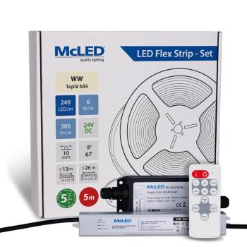 McLED LED páska - sada 5 m + Prijímač Nano IP67, 240 LED/m, WW, 6 W/m, DC 24V, 500 lm/m, CRI90, IP67, 10 mm, vodič 3 m ML-126.034.90.S05002