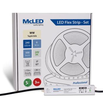 McLED LED páska - sada 3 m, 240 LED/m, WW, 6 W/m, DC 24V, 500 lm/m, CRI90, IP67, 10 mm, vodič 3 m ML-126.034.90.S03001