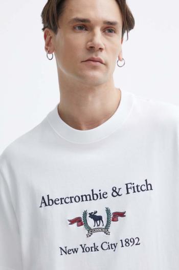 Bavlnené tričko Abercrombie & Fitch pánsky, biela farba, s nášivkou