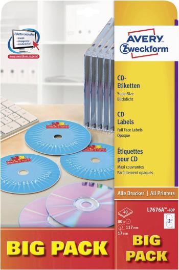 Avery-Zweckform sieťok na CD / DVD L7676A-40P  Ø 117 mm papier  biela 80 ks permanentné nepriehľadný, je možné potlačiť