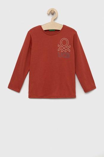 Detská bavlnená košeľa s dlhým rukávom United Colors of Benetton hnedá farba, s potlačou
