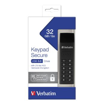 Verbatim USB flash disk, USB 3.0, 32GB, Keypad Secure, čierny, 49427, 256bitové hardwarové šifrovanie AES, LED indikátor konektor 