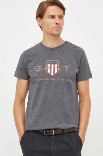 Bavlnené tričko Gant šedá farba, s potlačou